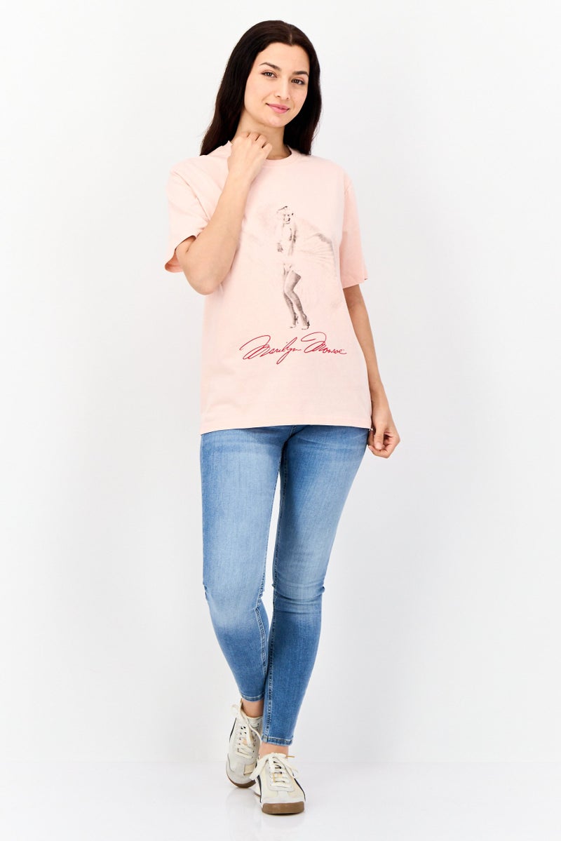 Marilyn Monroe Women Oversized Fit Crew Neck Short Sleeves Graphic Print T-Shirt, Pink - Image 2